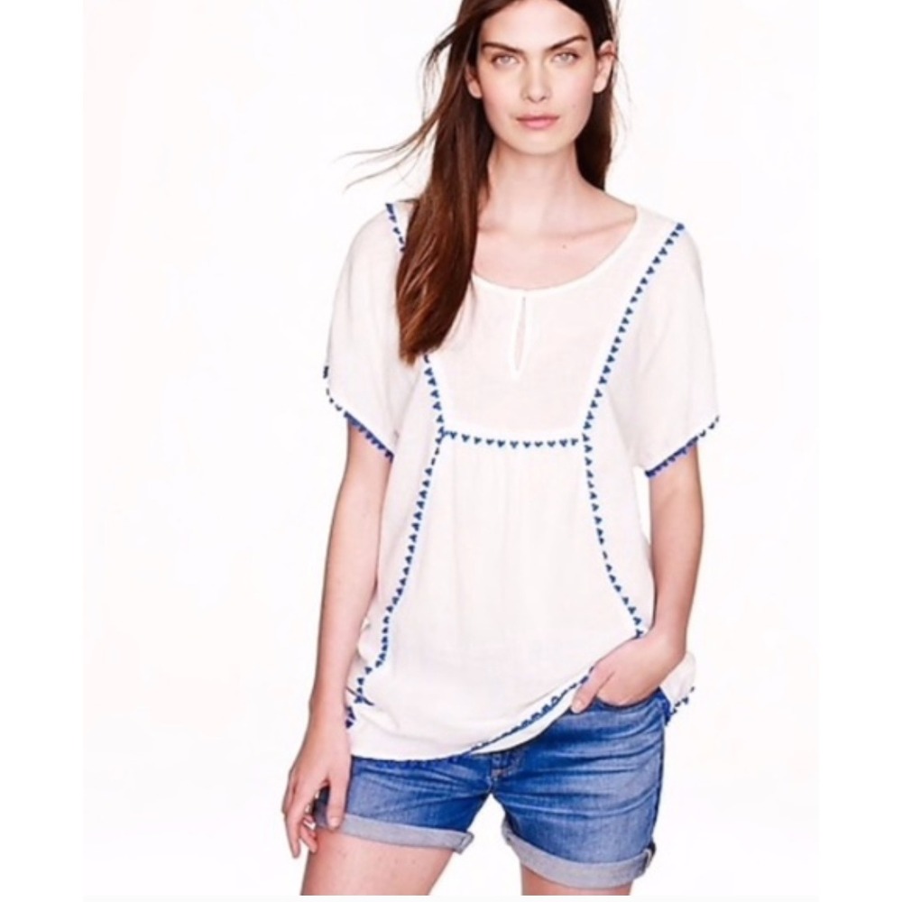 J. Crew White Cotton Tunic Top with Blue Pom Pom Trim Women's Size Large Cotton